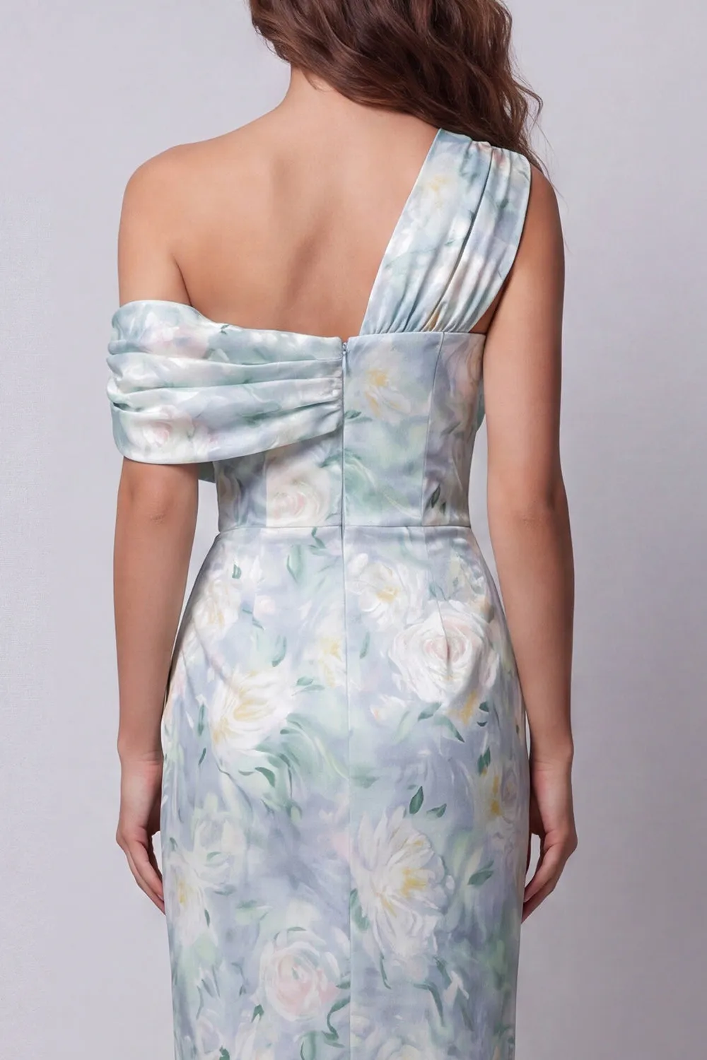 One Shoulder Light Green Floral Sheath Formal Dress sold by Zapaka product image thumbnail 4