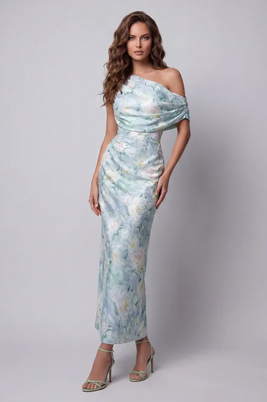 One Shoulder Light Green Floral Sheath Formal Dress made by Zapaka