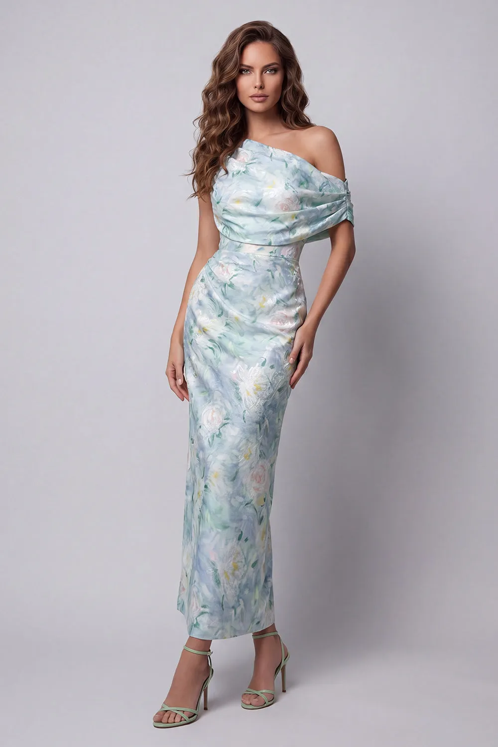 One Shoulder Light Green Floral Sheath Formal Dress sold by Zapaka