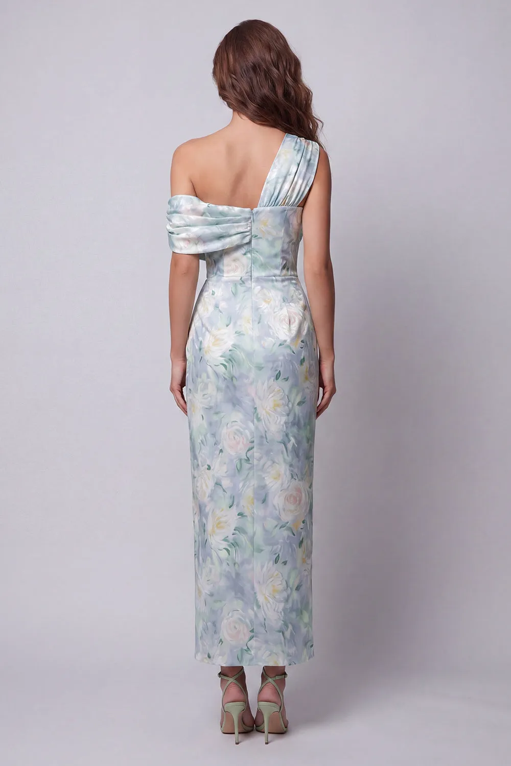 One Shoulder Light Green Floral Sheath Formal Dress sold by Zapaka product image thumbnail 2