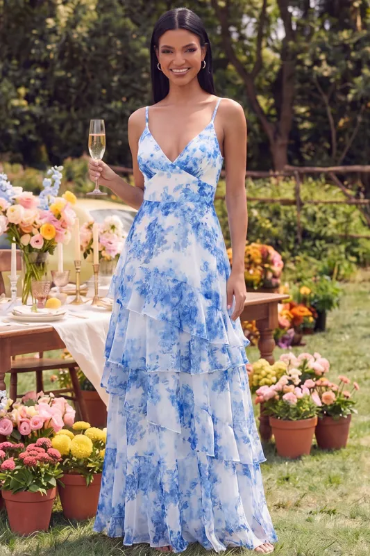 White Blue Floral Spaghetti Straps A Line Ruffled Maxi Dress made by Zapaka