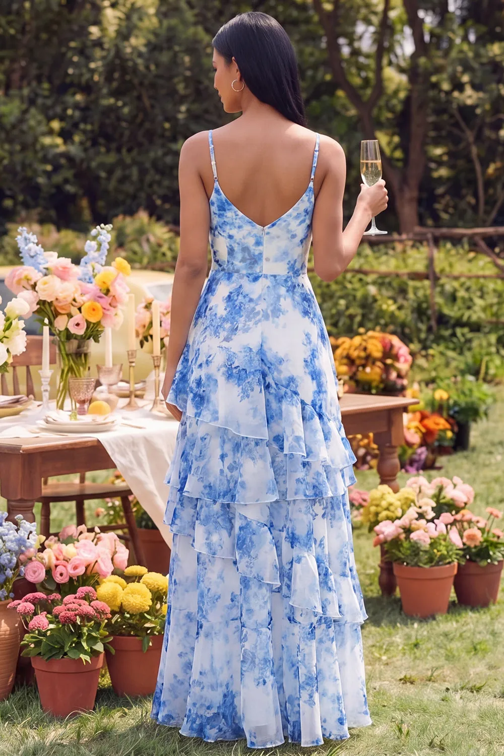 White Blue Floral Spaghetti Straps A Line Ruffled Maxi Dress sold by Zapaka product image thumbnail 2