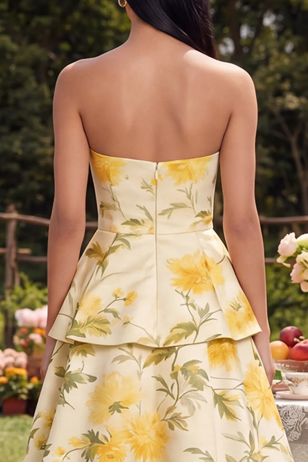 Strapless Yellow Floral A Line Tiered Midi Dress sold by Zapaka product image thumbnail 4