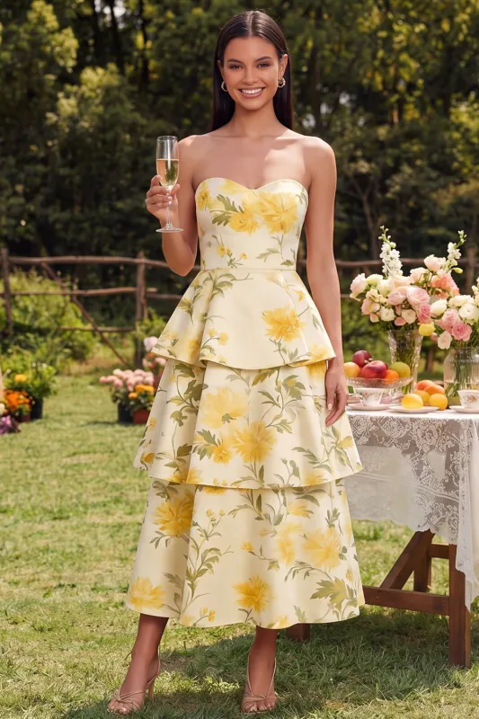 Strapless Yellow Floral A Line Tiered Midi Dress made by Zapaka