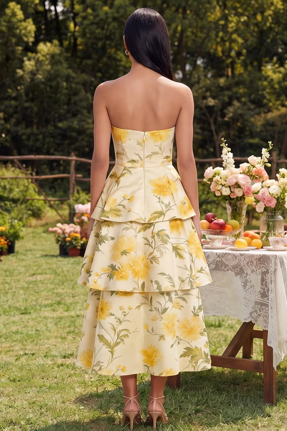 Strapless Yellow Floral A Line Tiered Midi Dress sold by Zapaka product image thumbnail 2