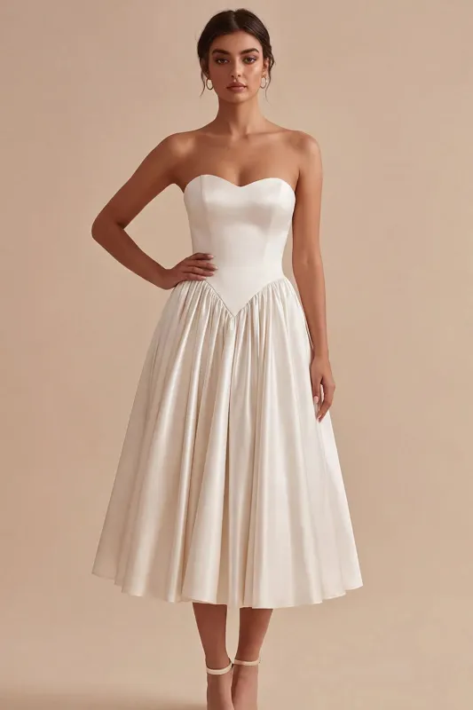 White Sweetheart A Line Corset Satin Midi Dress made by Zapaka