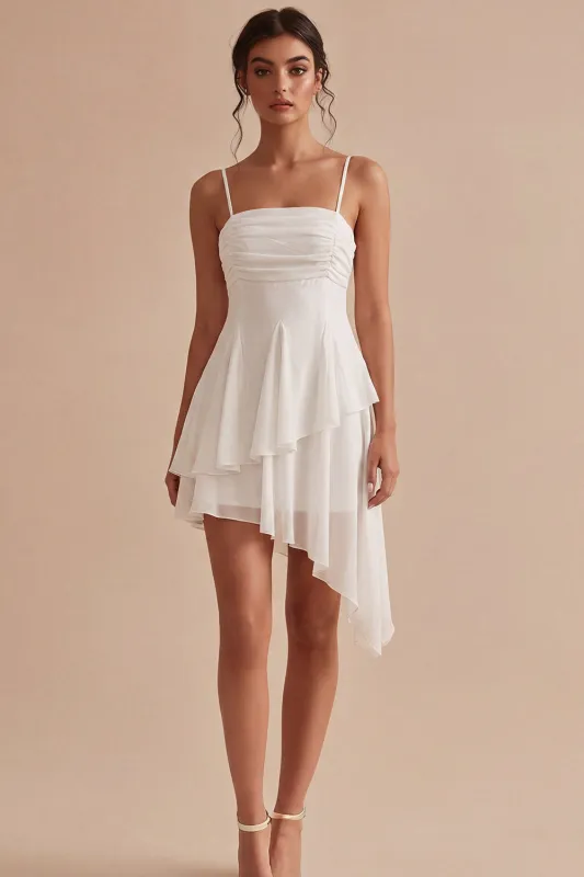A Line Spaghetti Straps Ruched Ruffled White Mini Dress made by Zapaka
