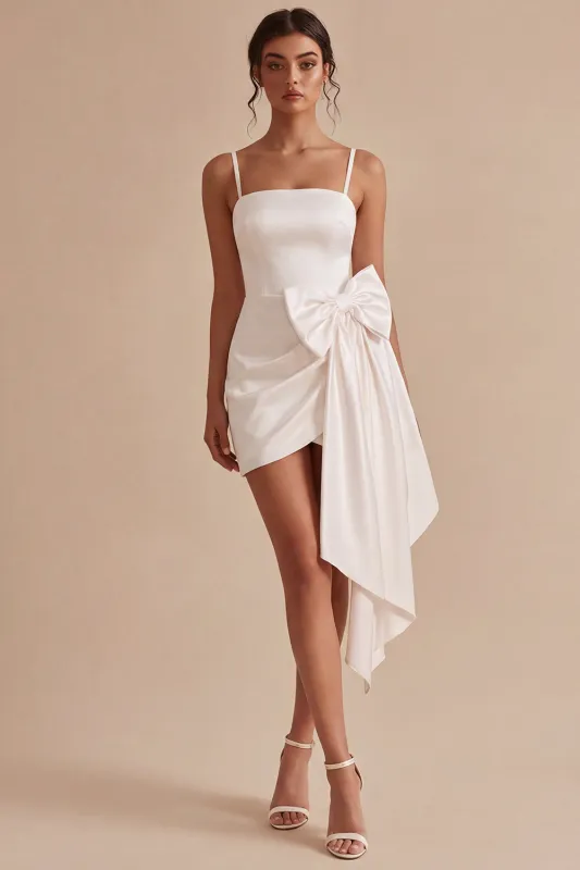 White Bodycon Spaghetti Straps Mini Dress with Bow made by Zapaka