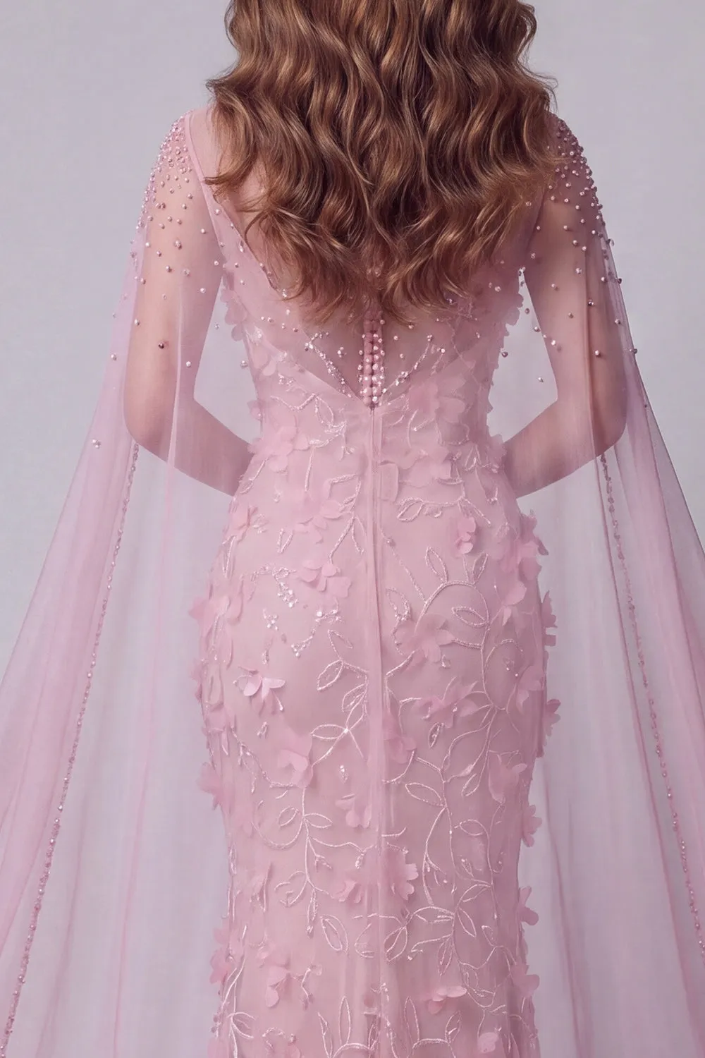 Sparkly Pink Mermaid Boat Neck Floral Beaded Long Pageant Dress with Cape sold by Zapaka product image thumbnail 4