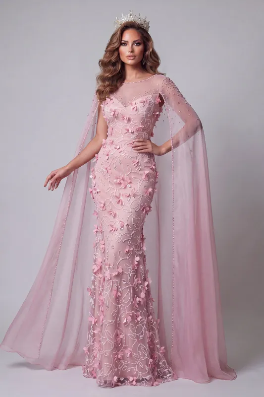 Sparkly Pink Mermaid Boat Neck Floral Beaded Long Pageant Dress with Cape made by Zapaka