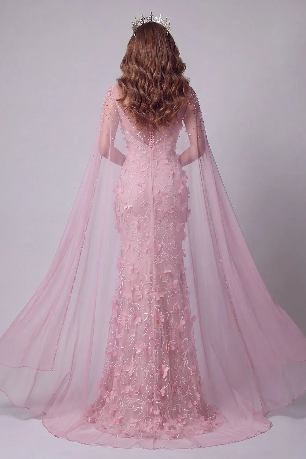 Sparkly Pink Mermaid Boat Neck Floral Beaded Long Pageant Dress with Cape sold by Zapaka product image thumbnail 2