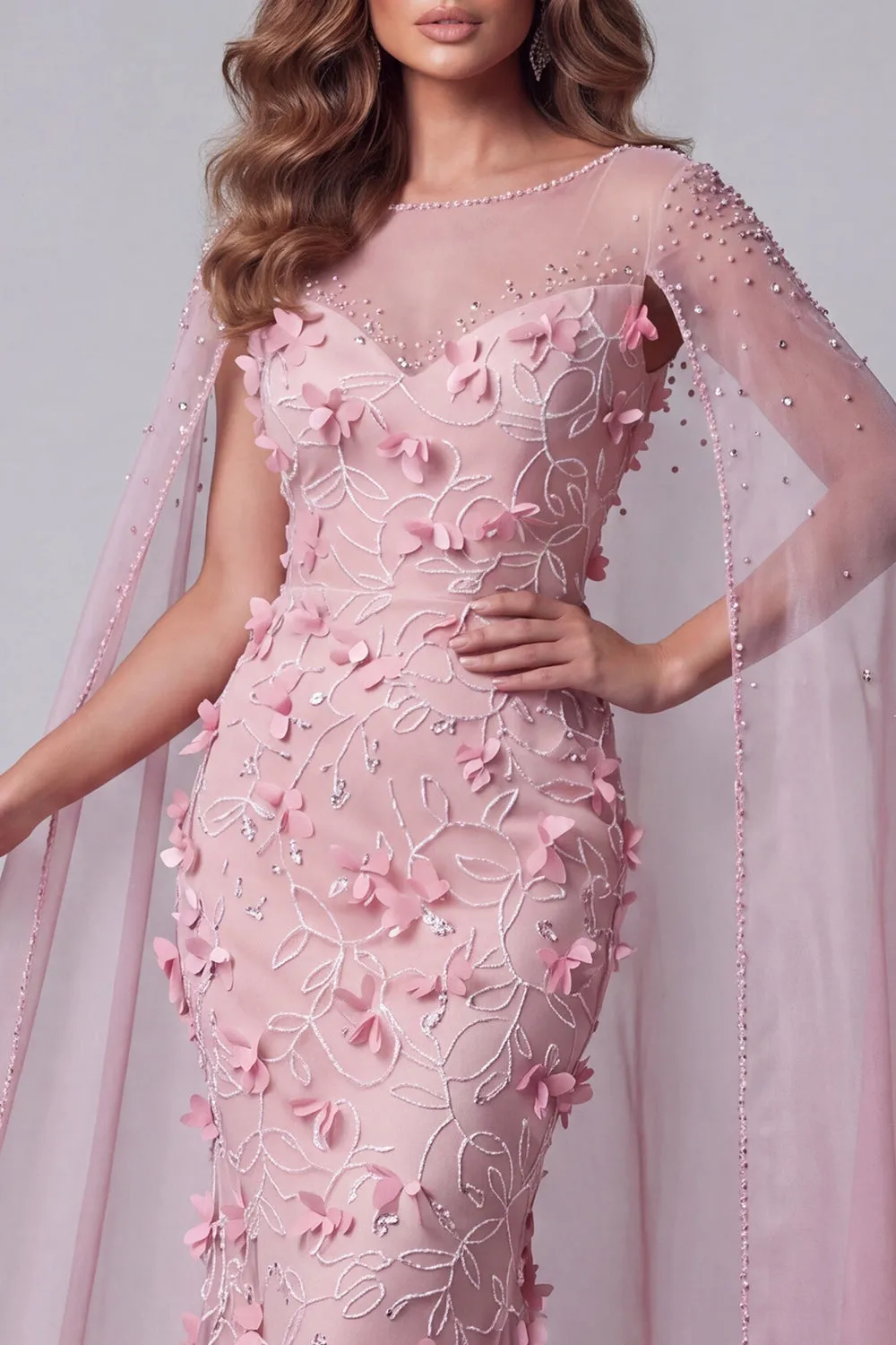 Sparkly Pink Mermaid Boat Neck Floral Beaded Long Pageant Dress with Cape sold by Zapaka product image thumbnail 3
