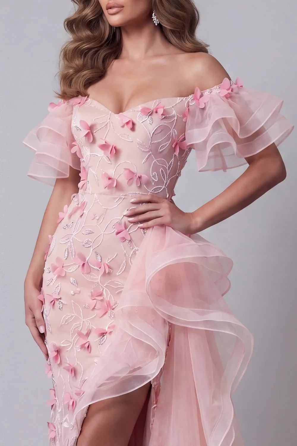 Off The Shoulder Pink Ruffled Pageant Dress with Side Cape sold by Zapaka product image thumbnail 3