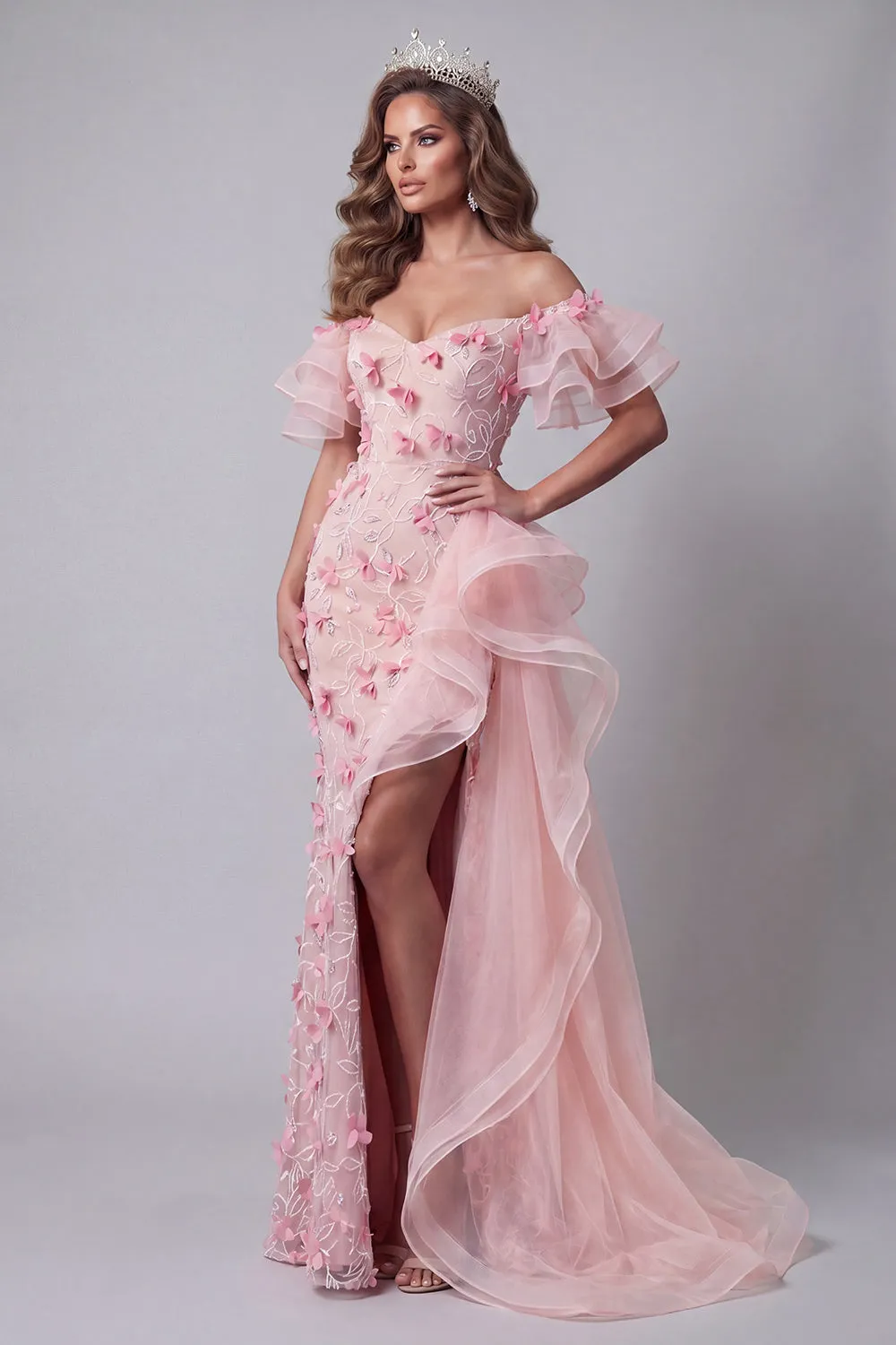 Off The Shoulder Pink Ruffled Pageant Dress with Side Cape sold by Zapaka