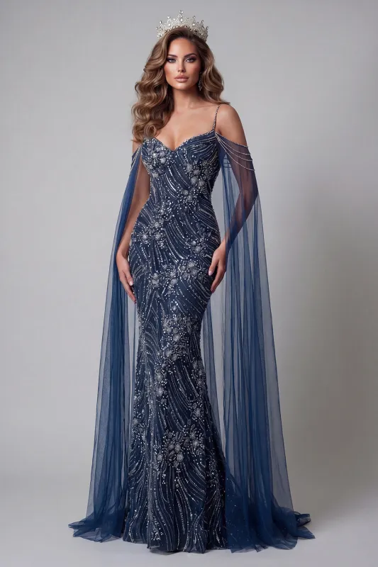 Cold Shoulder Navy Beaded Mermaid Pageant Dress made by Zapaka