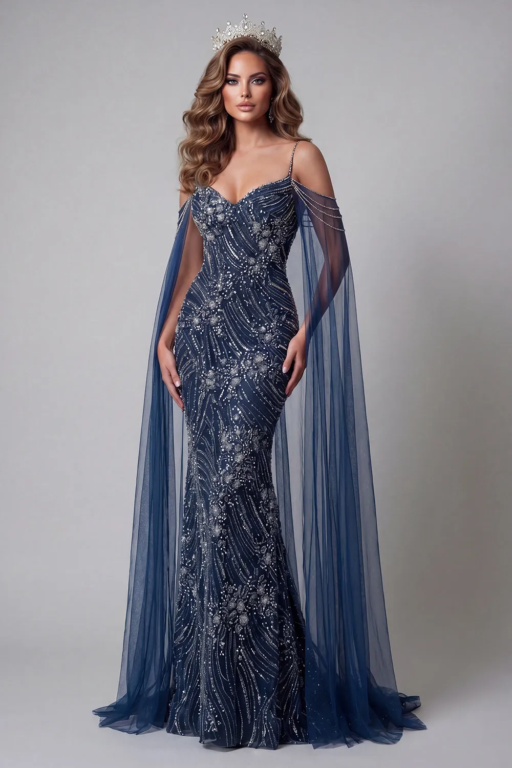 Cold Shoulder Navy Beaded Mermaid Pageant Dress sold by Zapaka