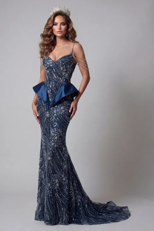 Cold Shoulder Navy Sequin Mermaid Pageant Dress made by Zapaka