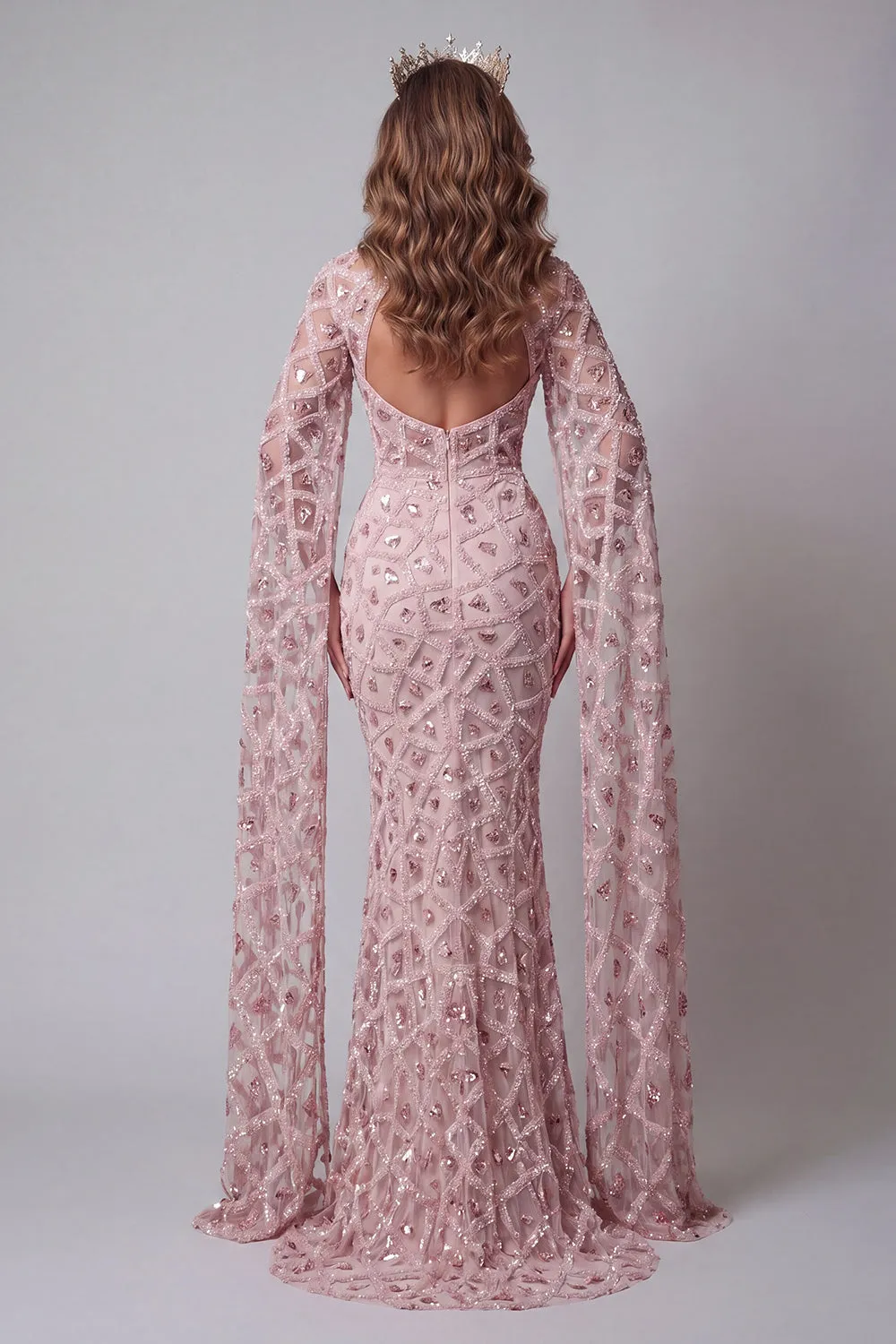 High Neck Blush Sequin Mermiad Beaded Long Pageant Dress with Long Sleeve sold by Zapaka product image thumbnail 2