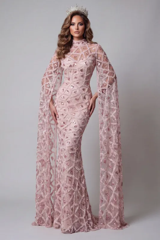 High Neck Blush Sequin Mermiad Beaded Long Pageant Dress with Long Sleeve made by Zapaka