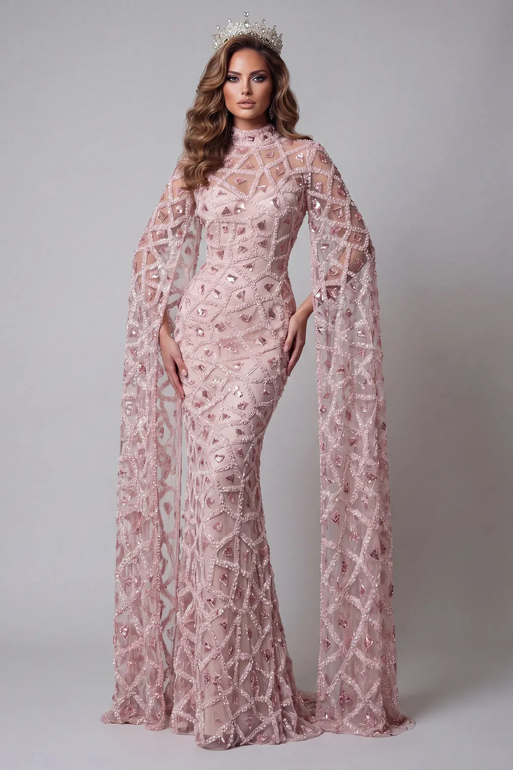 High Neck Blush Sequin Mermiad Beaded Long Pageant Dress with Long Sleeve sold by Zapaka