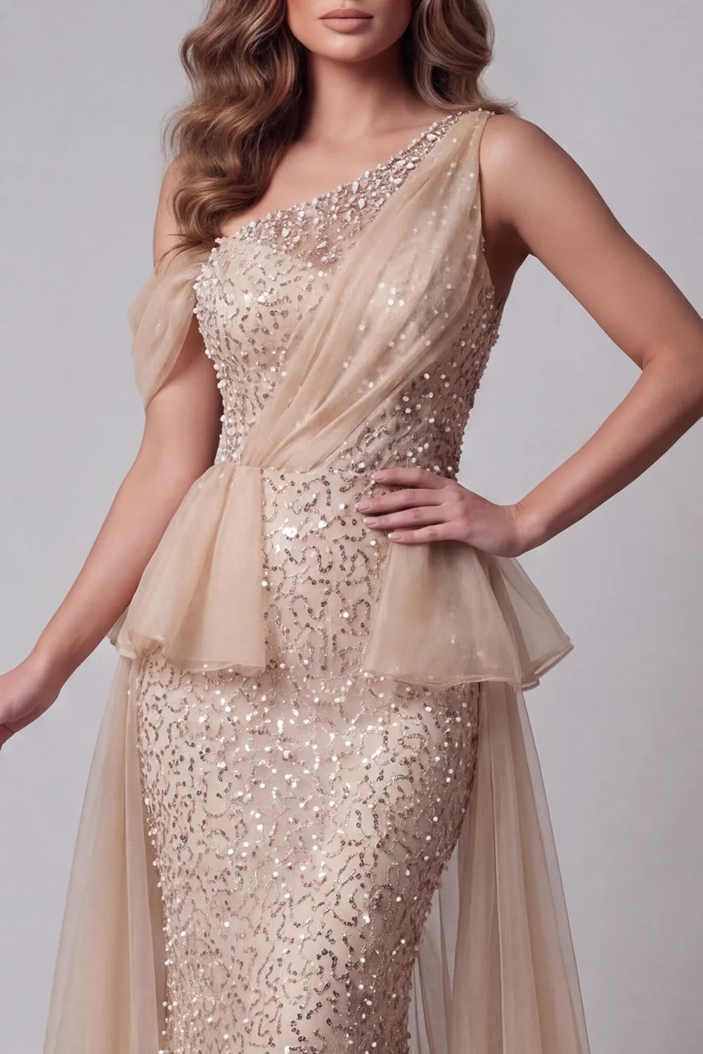 One Shoulder Champagne Sequin Mermiad Pageant Dress with Cape sold by Zapaka product image thumbnail 3