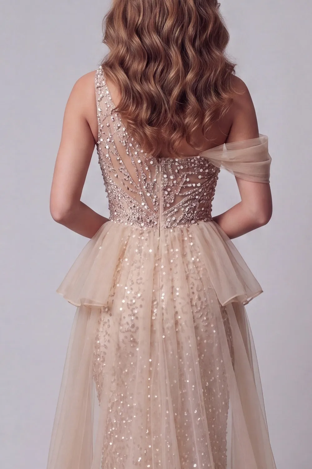 One Shoulder Champagne Sequin Mermiad Pageant Dress with Cape sold by Zapaka product image thumbnail 4