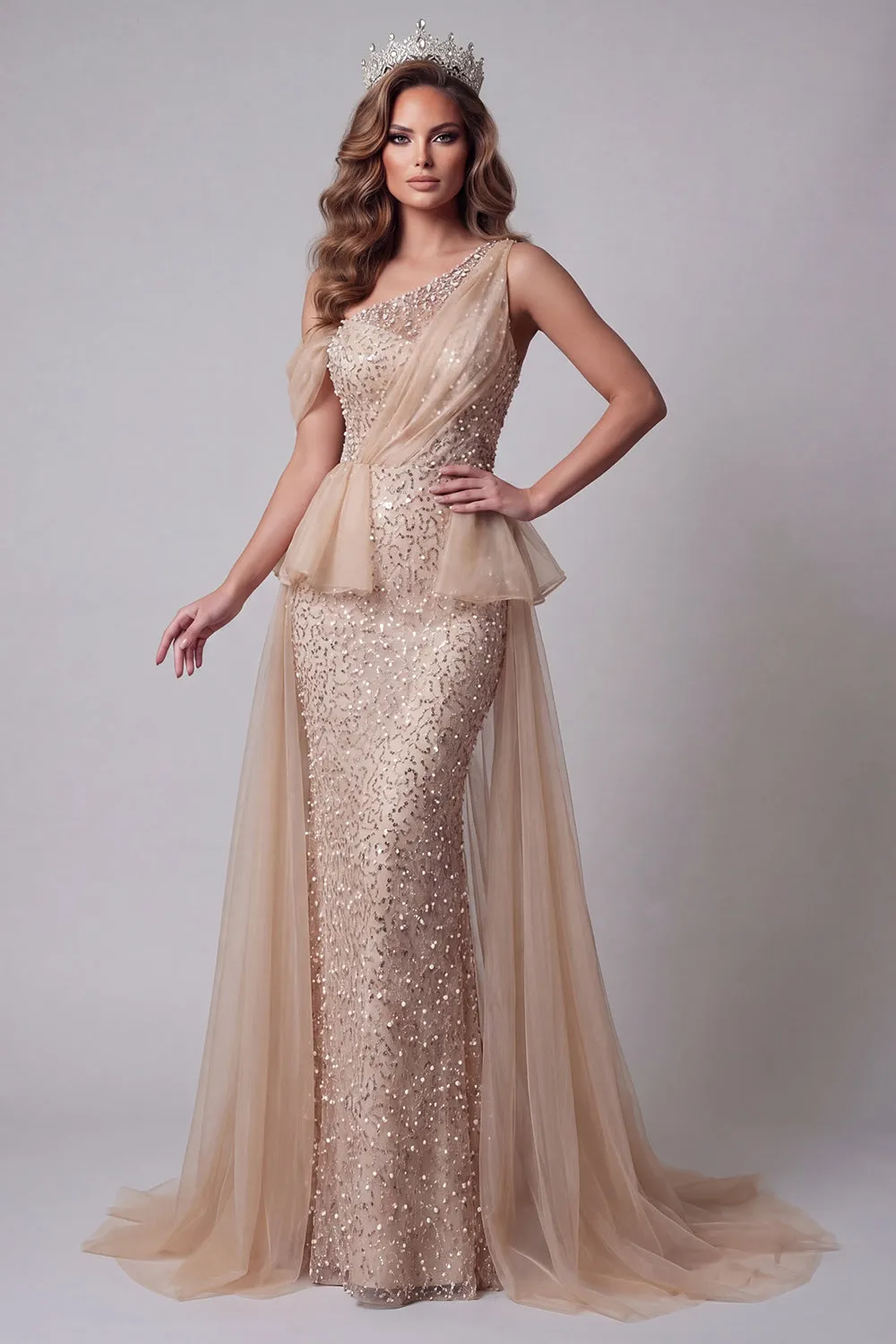 One Shoulder Champagne Sequin Mermiad Pageant Dress with Cape sold by Zapaka