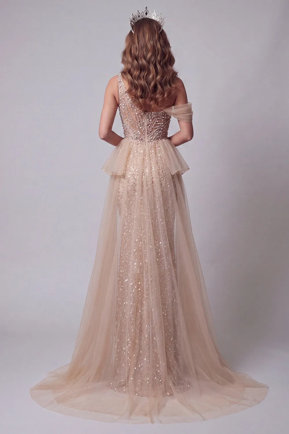 One Shoulder Champagne Sequin Mermiad Pageant Dress with Cape sold by Zapaka product image thumbnail 2