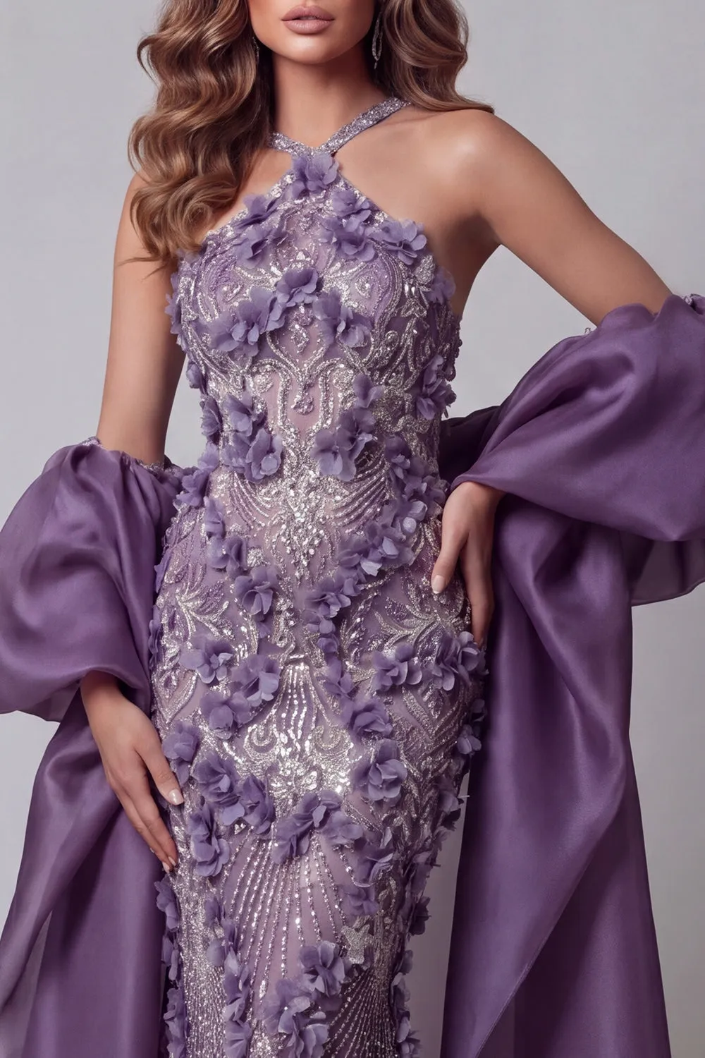Halter Purple Mermaid Pageant Dress with Cape sold by Zapaka product image thumbnail 3
