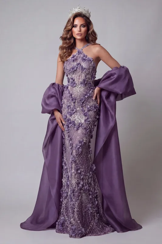Halter Purple Mermaid Pageant Dress with Cape made by Zapaka