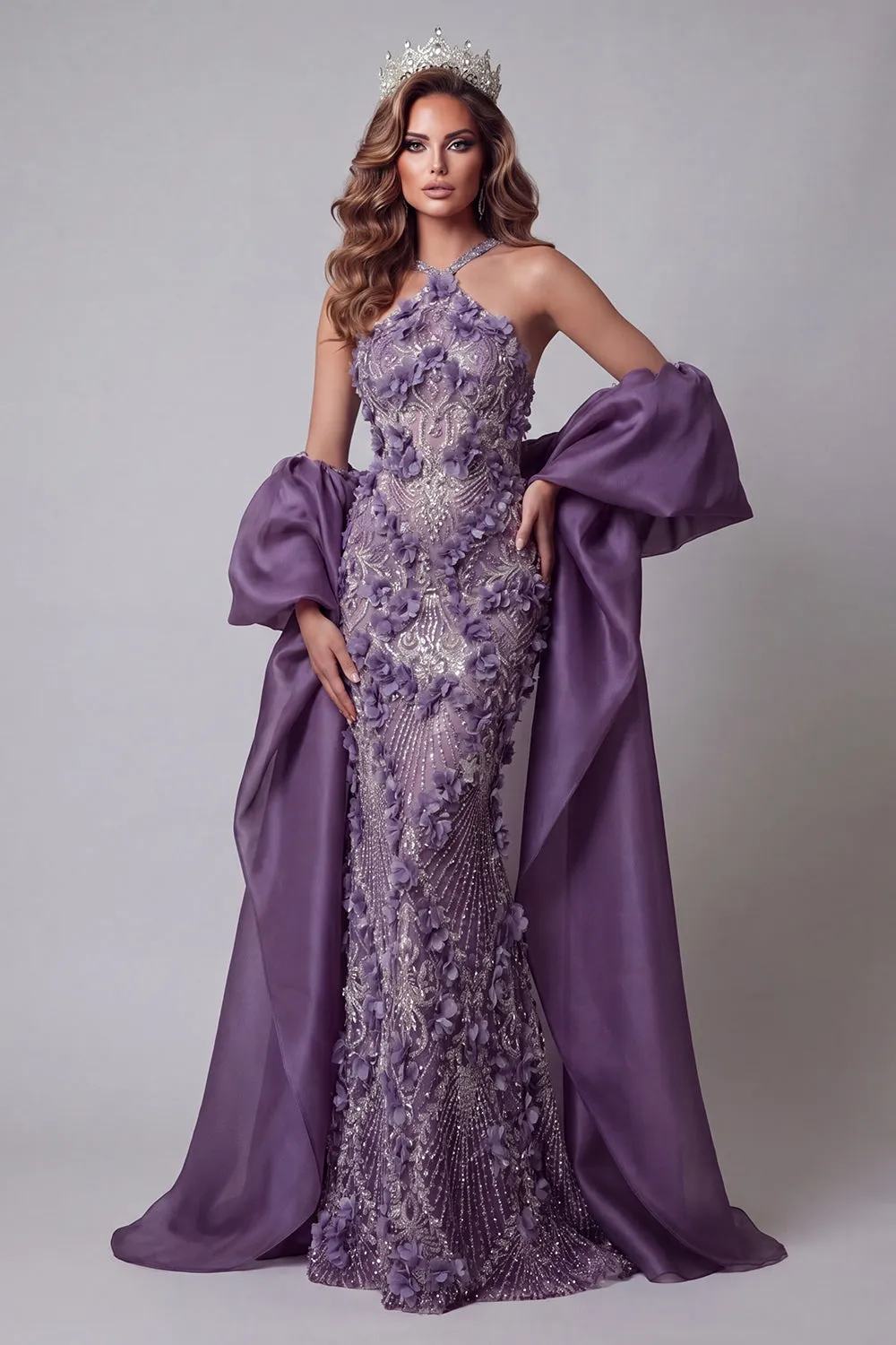 Halter Purple Mermaid Pageant Dress with Cape sold by Zapaka