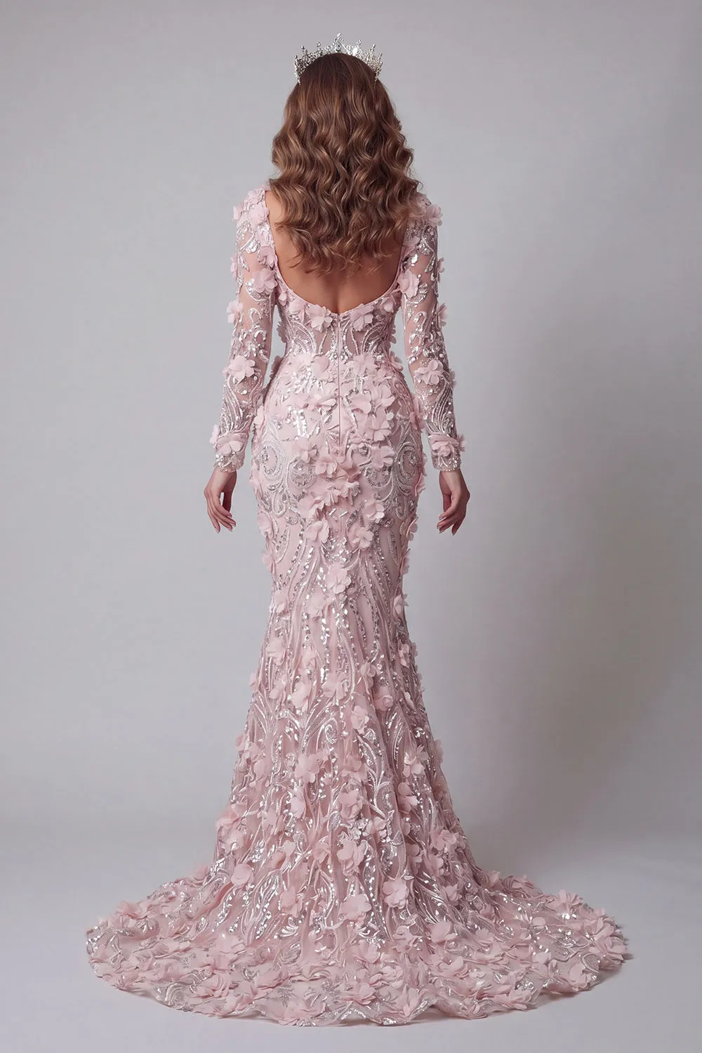 Long Sleeve Blush Mermaid Pageant Dress with 3D Flowers sold by Zapaka product image thumbnail 2