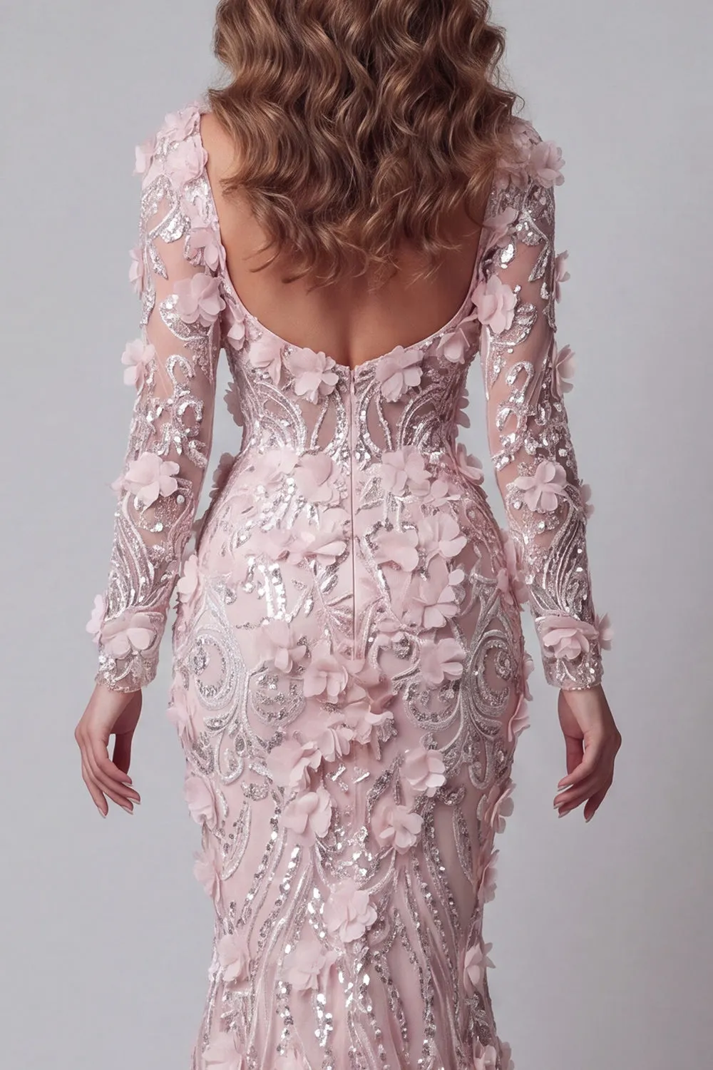 Long Sleeve Blush Mermaid Pageant Dress with 3D Flowers sold by Zapaka product image thumbnail 4