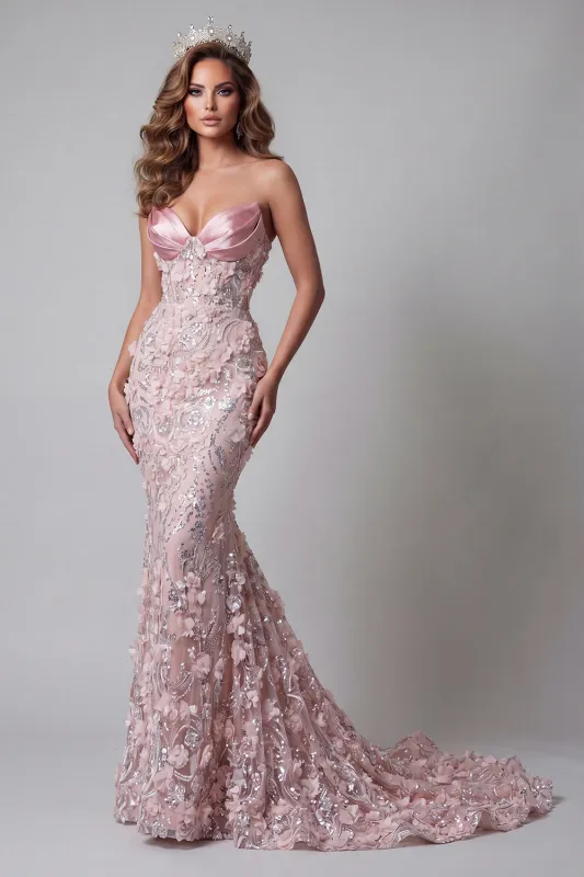 Sparkly Blush Corset Mermaid Long Beaded Floral Pageant Dress made by Zapaka