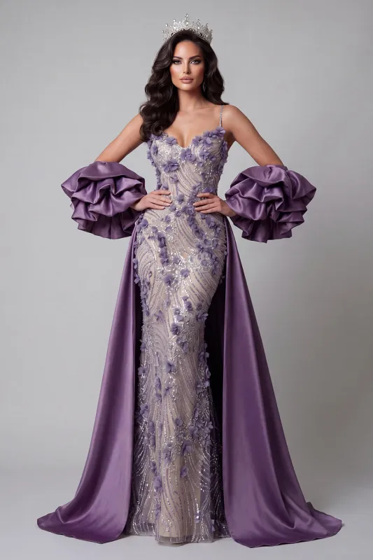 Sparkly Purple Mermaid Spaghetti Straps Long Floral Beaded Pageant Dress made by Zapaka