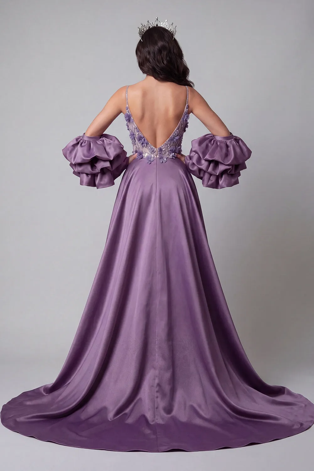 Sparkly Purple Mermaid Spaghetti Straps Long Floral Beaded Pageant Dress sold by Zapaka product image thumbnail 2