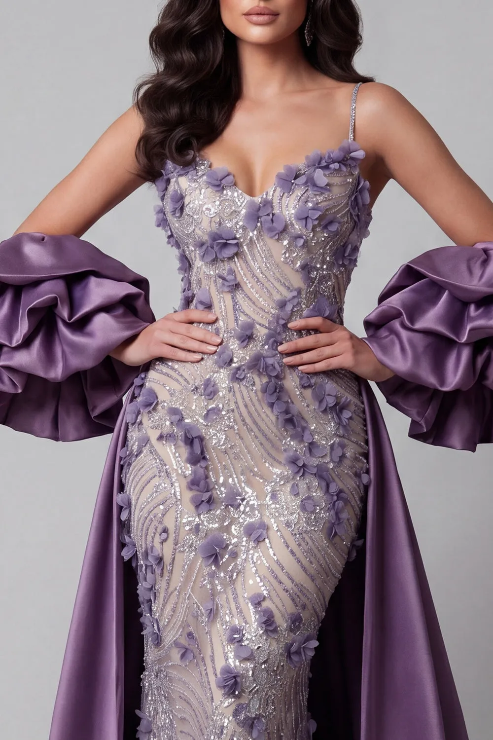 Sparkly Purple Mermaid Spaghetti Straps Long Floral Beaded Pageant Dress sold by Zapaka product image thumbnail 3