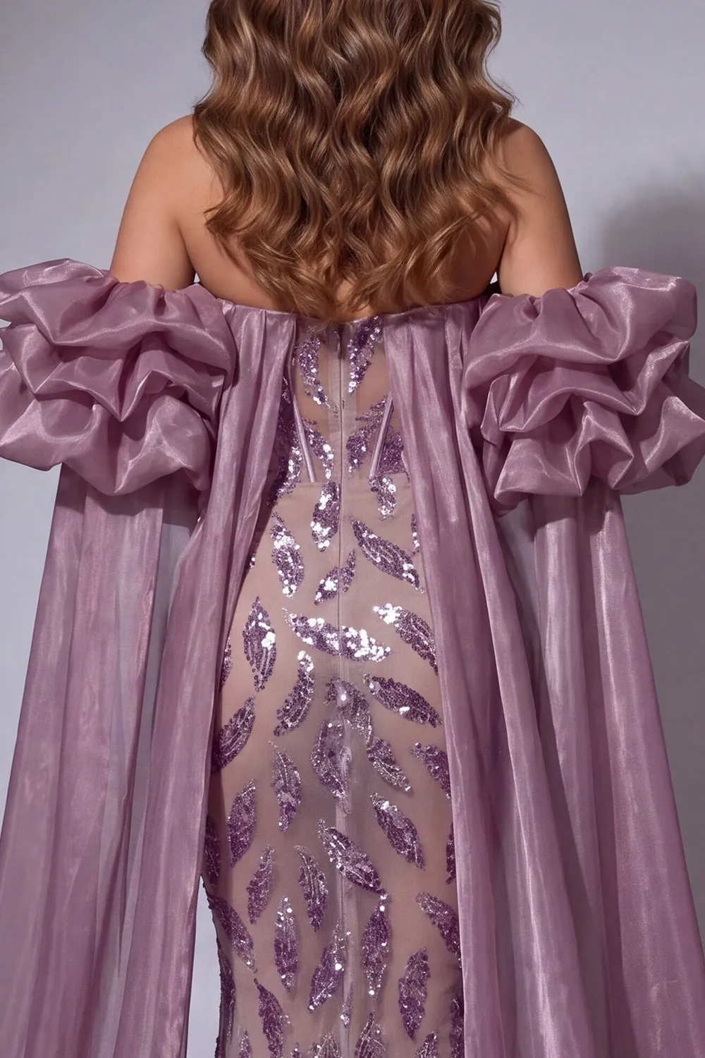 Sparkly Vintage Mauve Corset Mermaid Long Beaded Ruffled Pageant Dress with Cape sold by Zapaka product image thumbnail 4