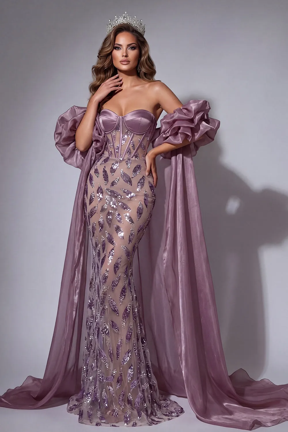 Sparkly Vintage Mauve Corset Mermaid Long Beaded Ruffled Pageant Dress with Cape sold by Zapaka