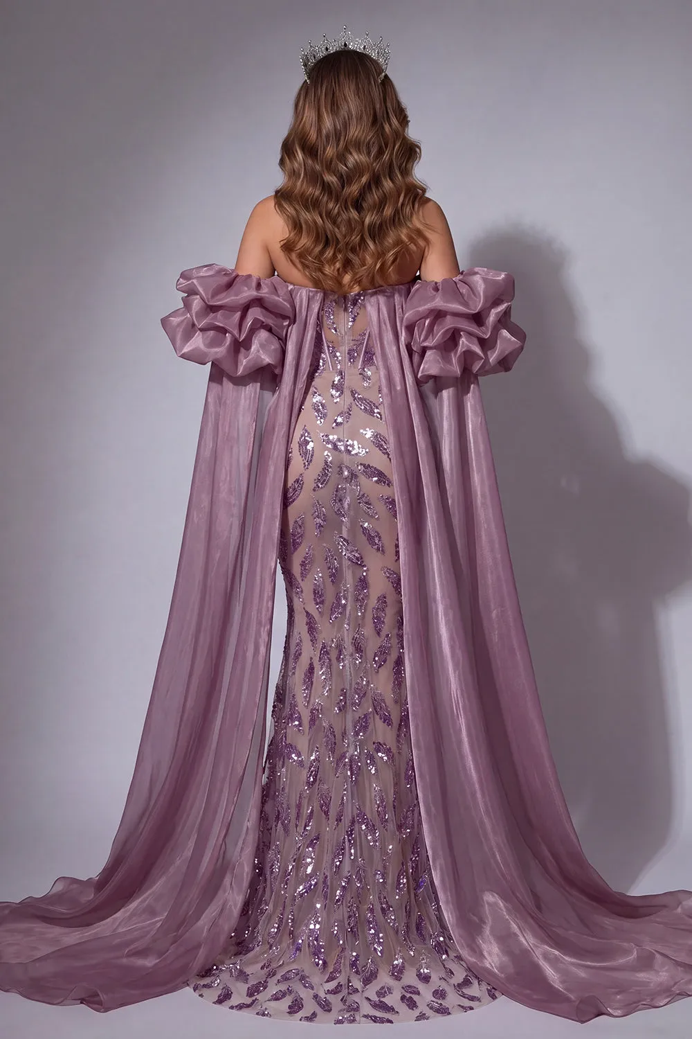 Sparkly Vintage Mauve Corset Mermaid Long Beaded Ruffled Pageant Dress with Cape sold by Zapaka product image thumbnail 2