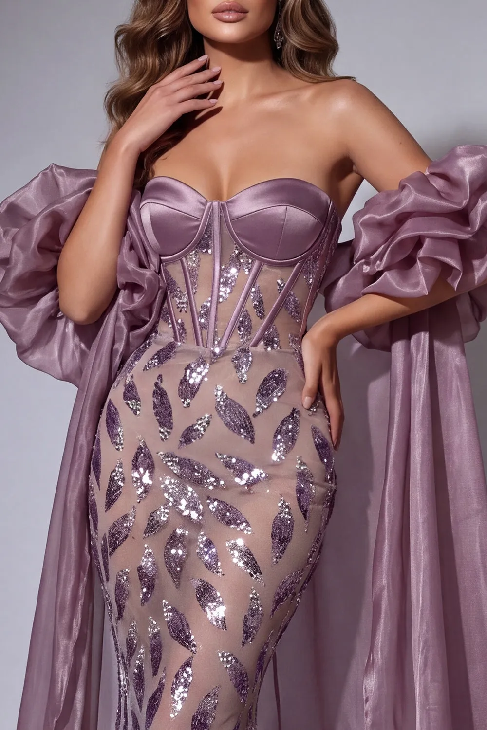 Sparkly Vintage Mauve Corset Mermaid Long Beaded Ruffled Pageant Dress with Cape sold by Zapaka product image thumbnail 3