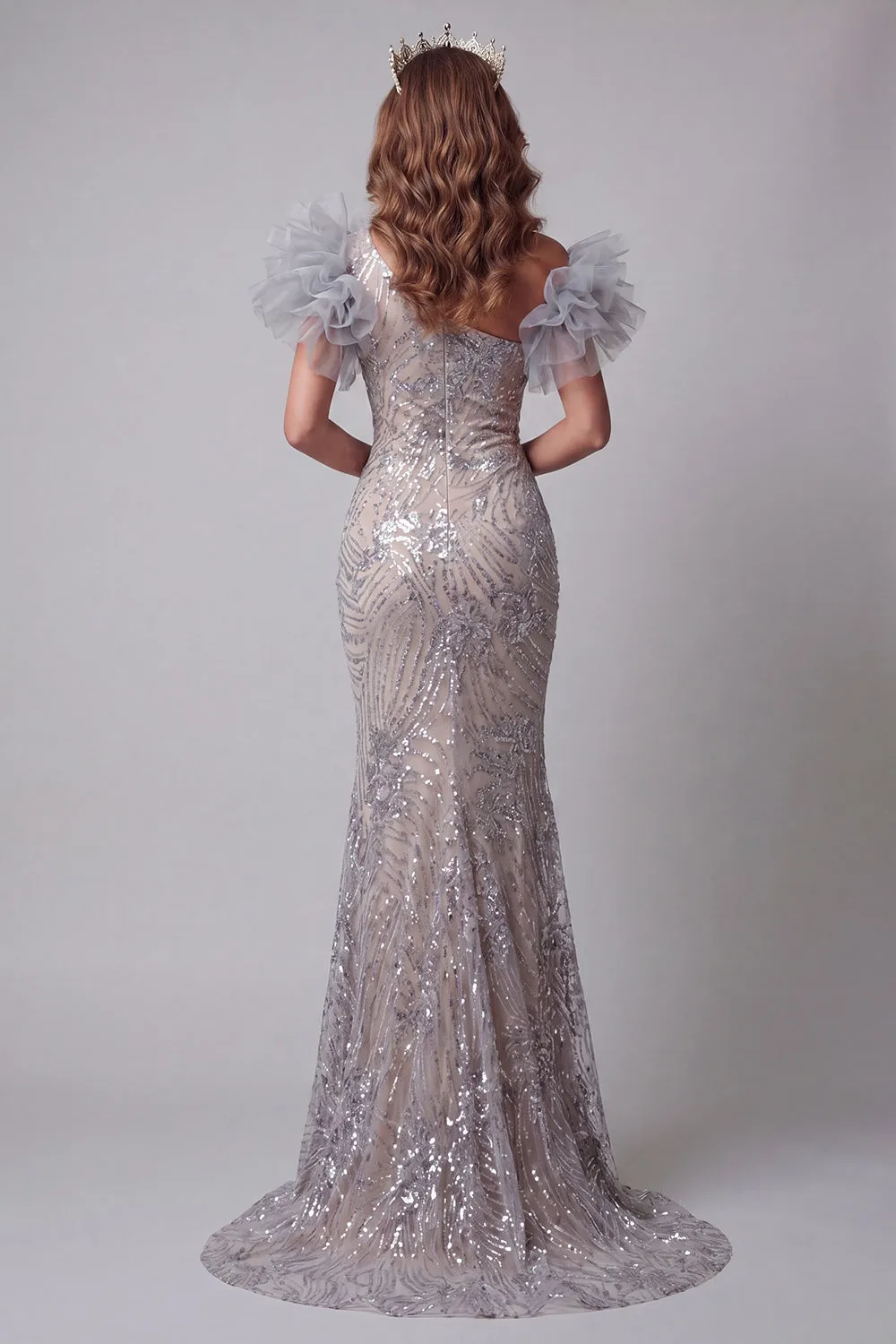 Sparkly Silver Long Mermaid One Shoulder Beaded Pageant Dress with 3D Flowers sold by Zapaka product image thumbnail 2