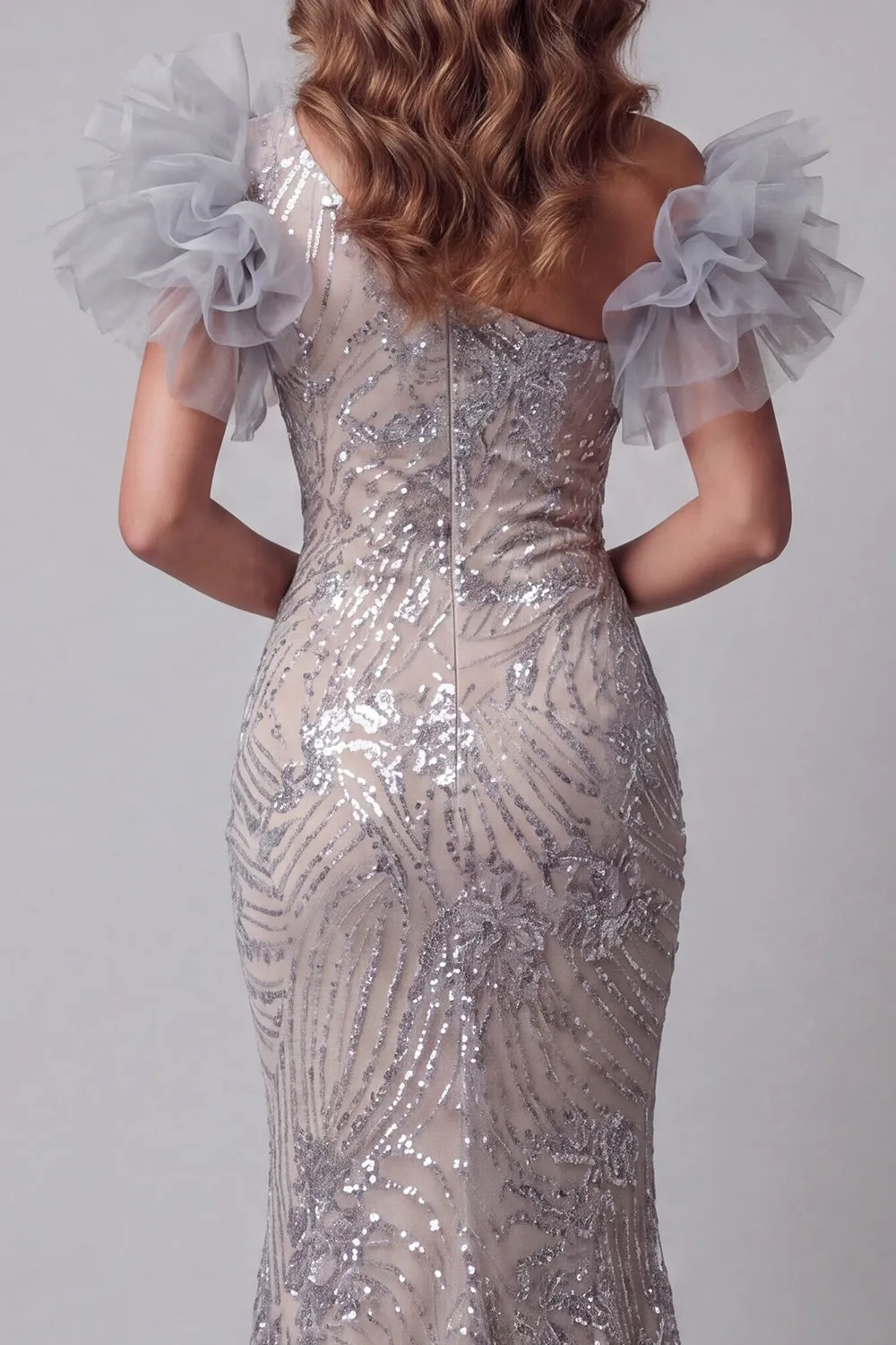 Sparkly Silver Long Mermaid One Shoulder Beaded Pageant Dress with 3D Flowers sold by Zapaka product image thumbnail 4