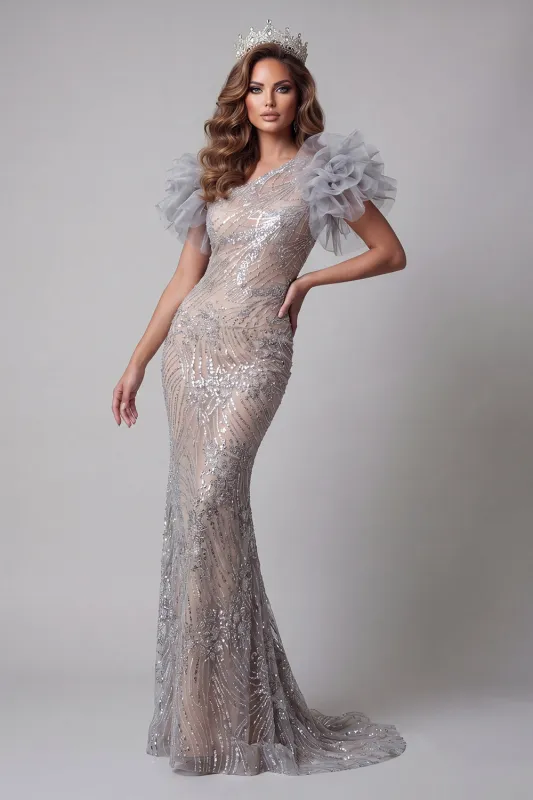 Sparkly Silver Long Mermaid One Shoulder Beaded Pageant Dress with 3D Flowers made by Zapaka