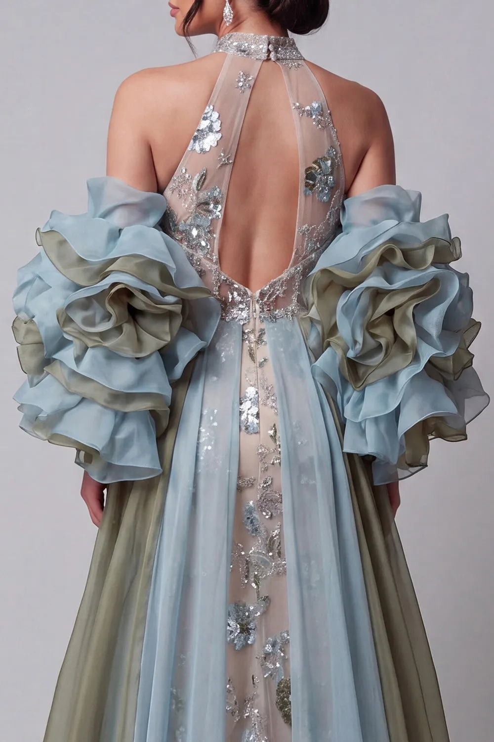Sparkly Champagne Mermaid Ruffled Beaded Floral Long Pageant Dress with Cape sold by Zapaka product image thumbnail 4