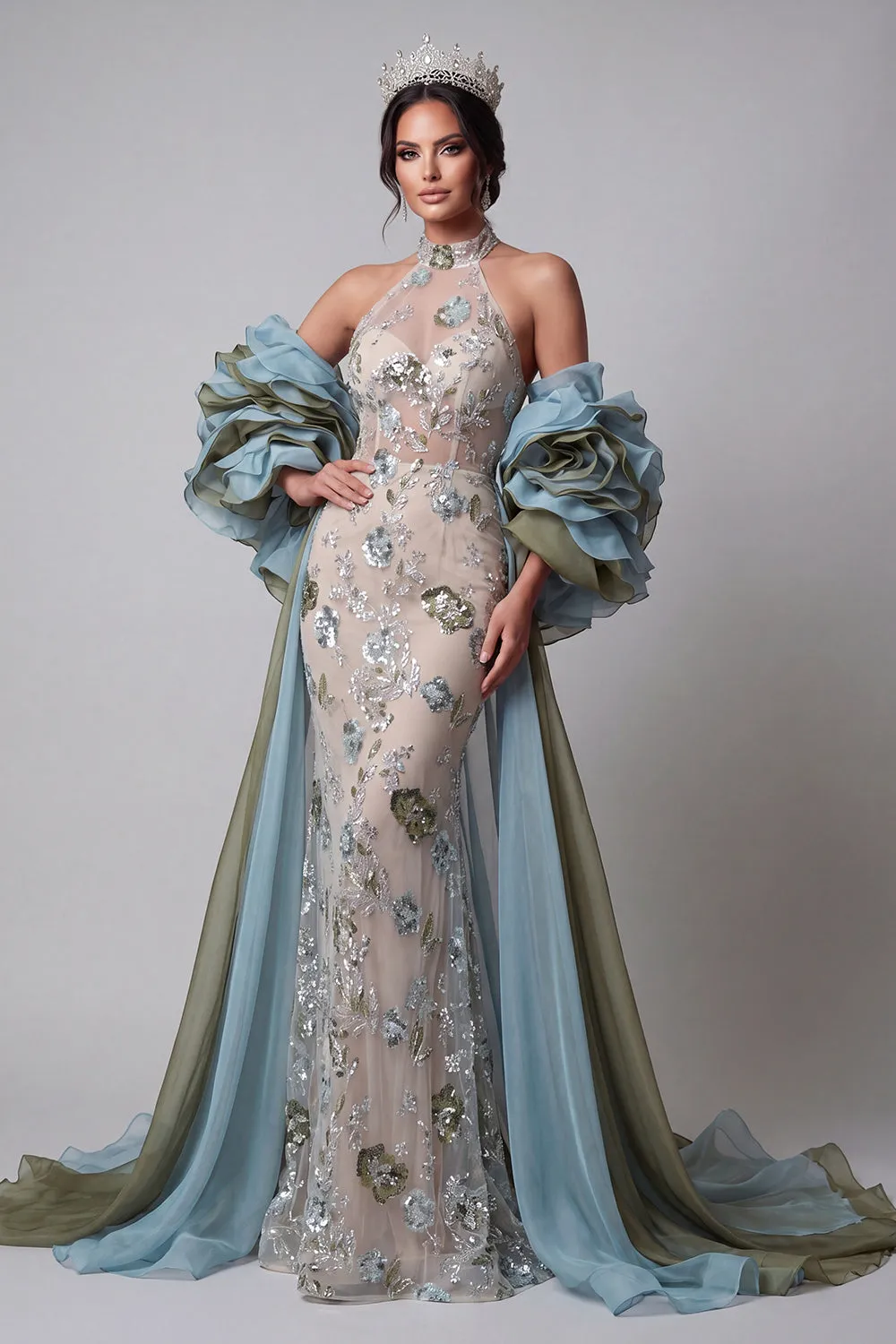 Sparkly Champagne Mermaid Ruffled Beaded Floral Long Pageant Dress with Cape sold by Zapaka