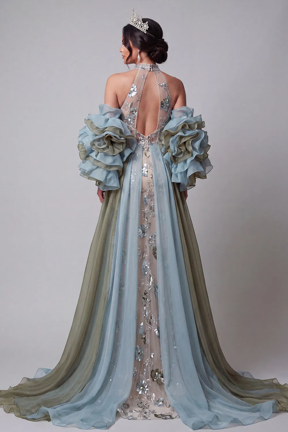 Sparkly Champagne Mermaid Ruffled Beaded Floral Long Pageant Dress with Cape sold by Zapaka product image thumbnail 2