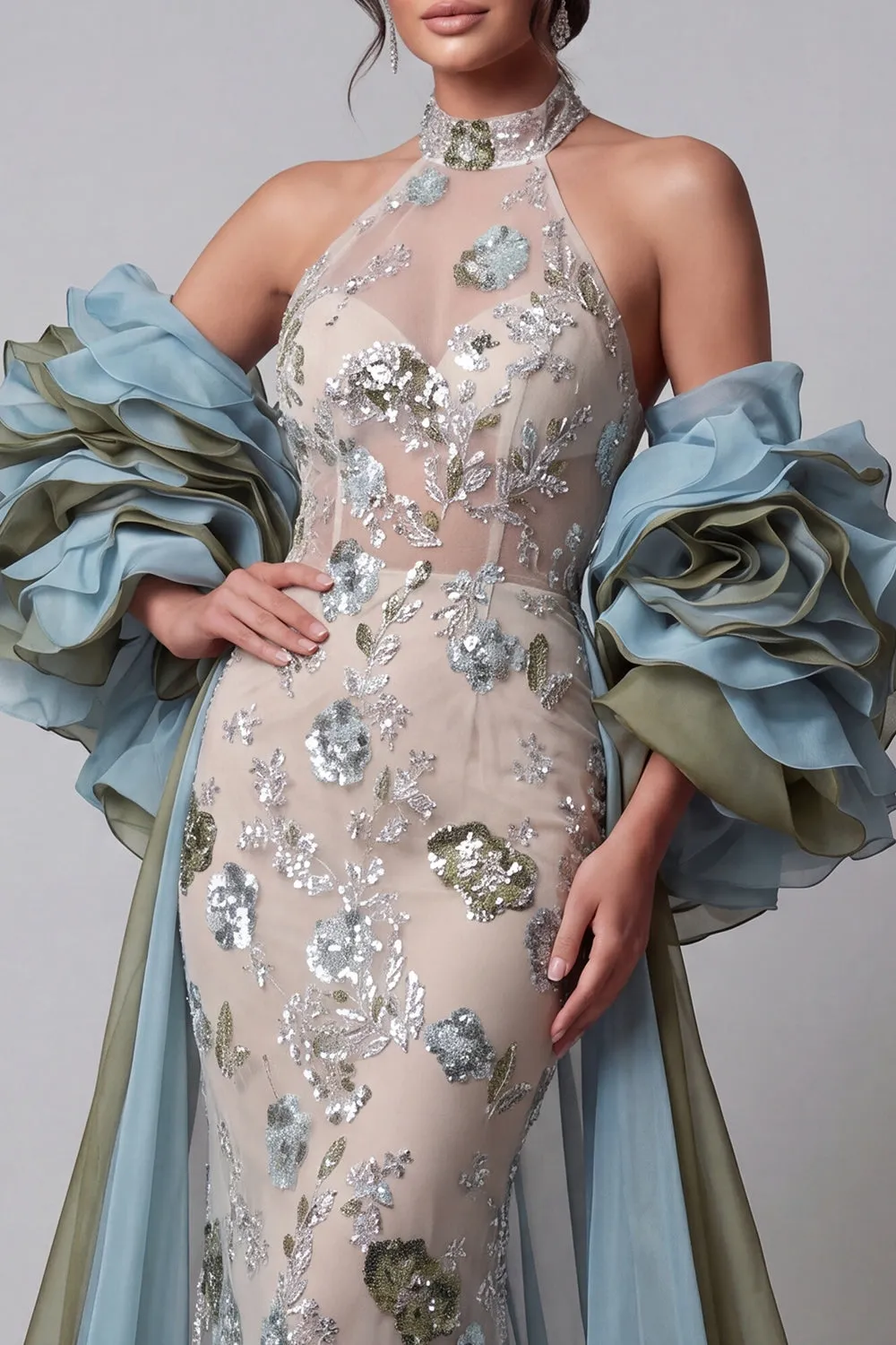Sparkly Champagne Mermaid Ruffled Beaded Floral Long Pageant Dress with Cape sold by Zapaka product image thumbnail 3