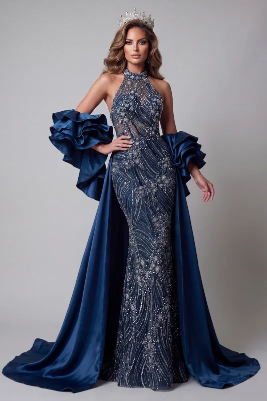 Sparkly Navy Ruffled Mermaid Long Beaded Pageant Dress with Cape made by Zapaka