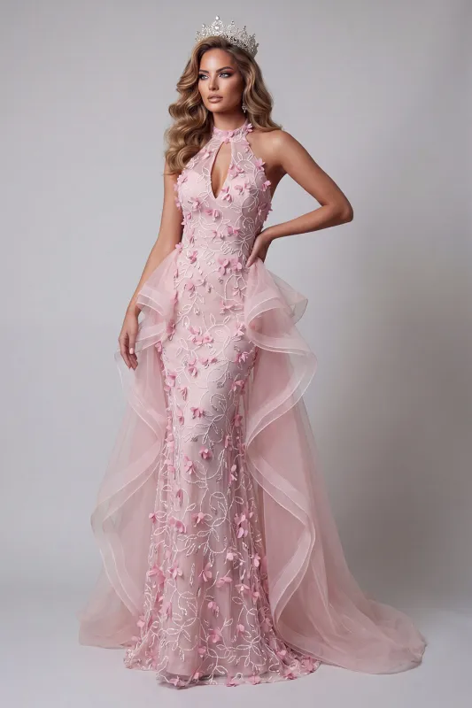 Halter Pink Ruffled Open Back Mermaid Pageant Dress made by Zapaka
